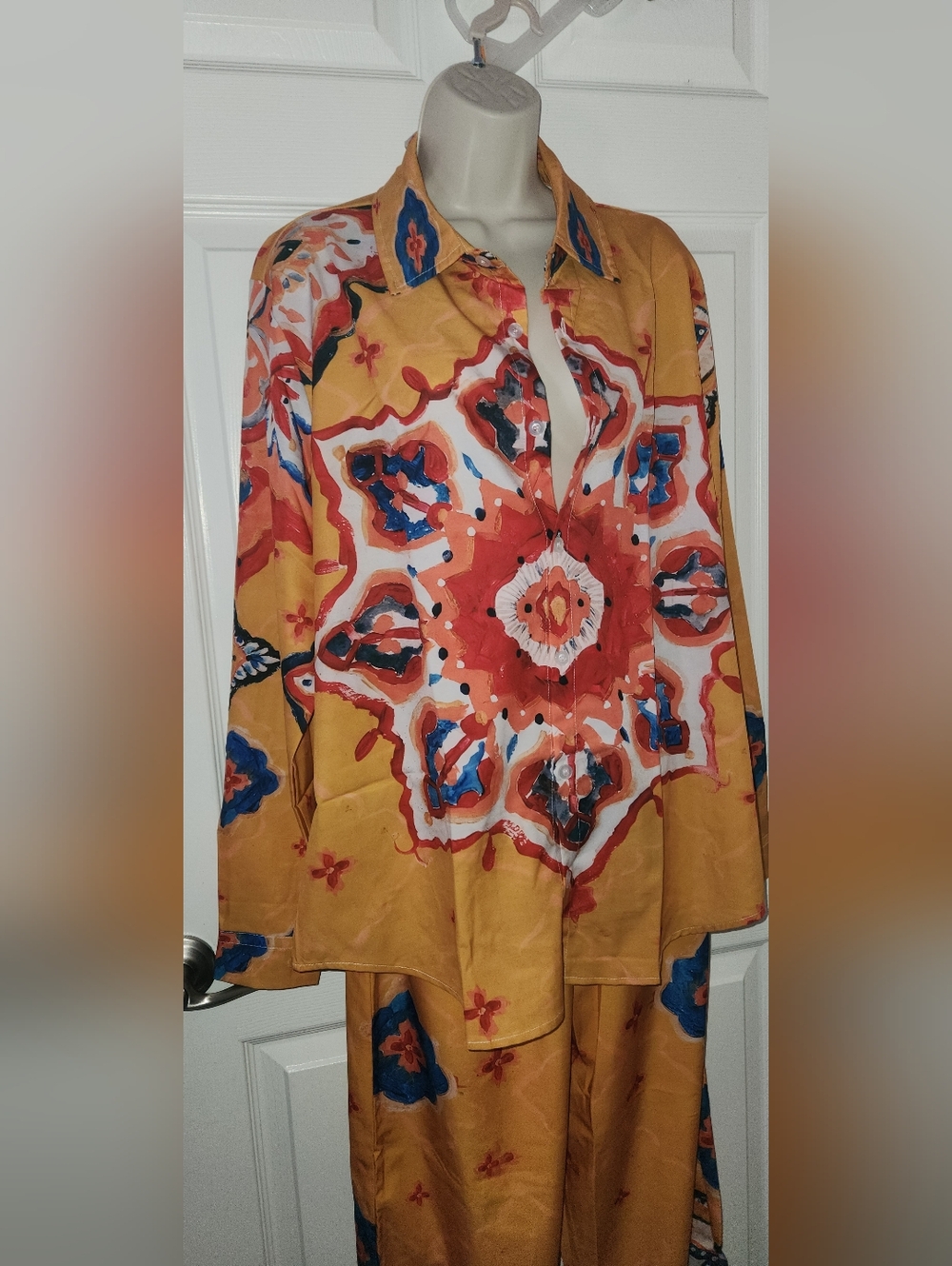 Women's Mustard Floral Medallion Pajama Set with Blue Accents - Picture 3 of 3